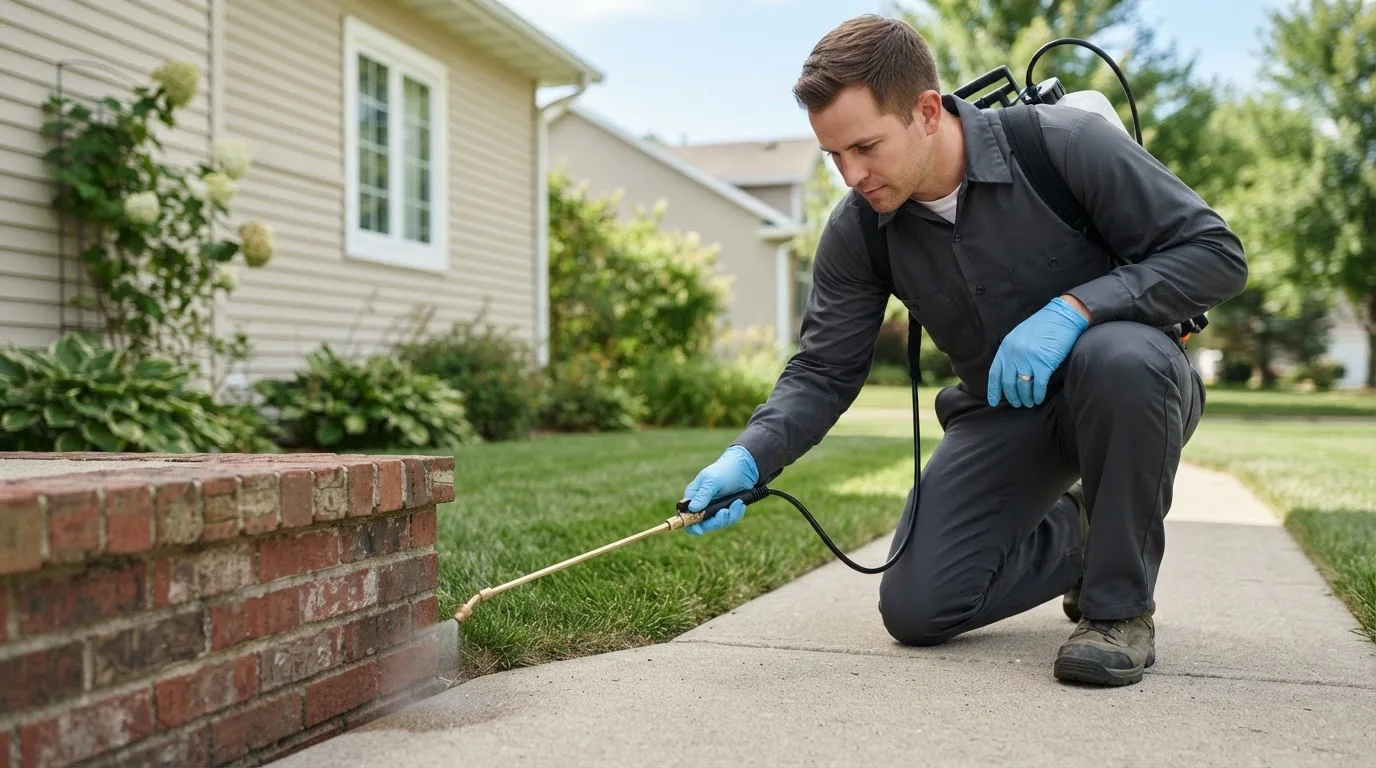 Pest control technician treating a home near Oil City, PA